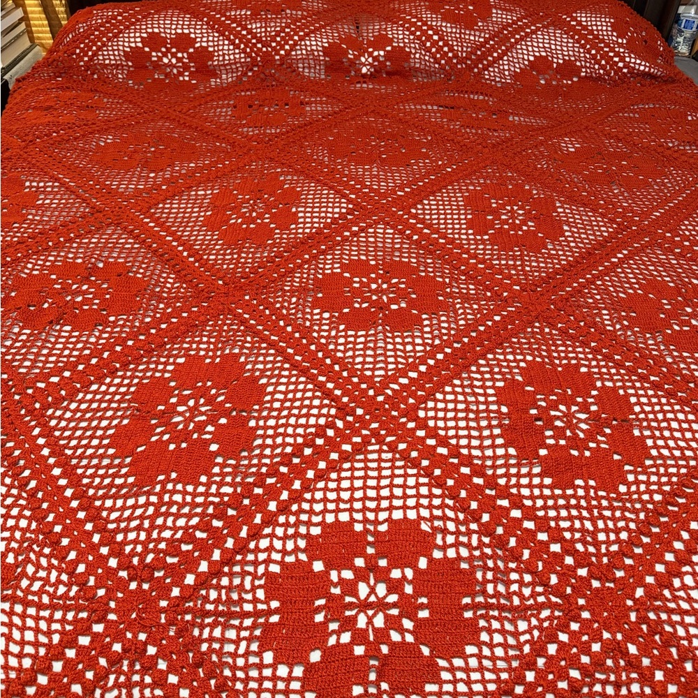Handmade Crocheted Bedspread in Vibrant Rust/orange red color